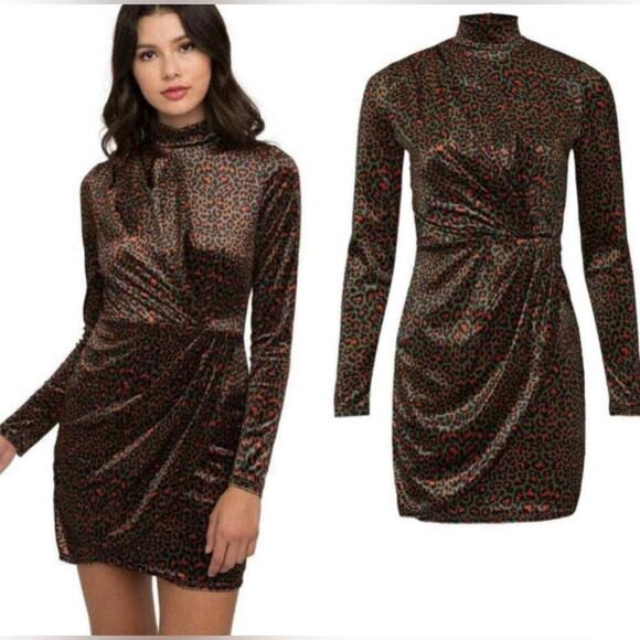 Black Halo Printed Briar leopard velvet Mini Dress long sleeve size 8 EUC - Picture 1 of 8